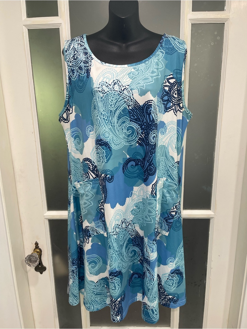 Sleeveless Blue Paisley-Print Midi Dress